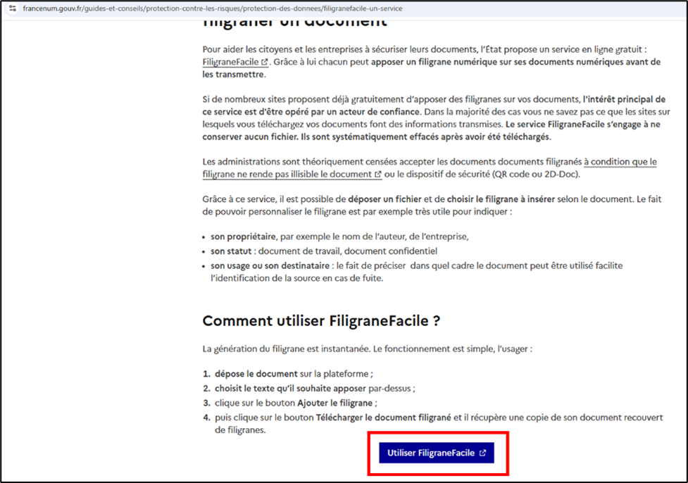 Sécuriser l'envoi de documents personnels :  accéder à la plateforme "FiligraneFacile.fr"