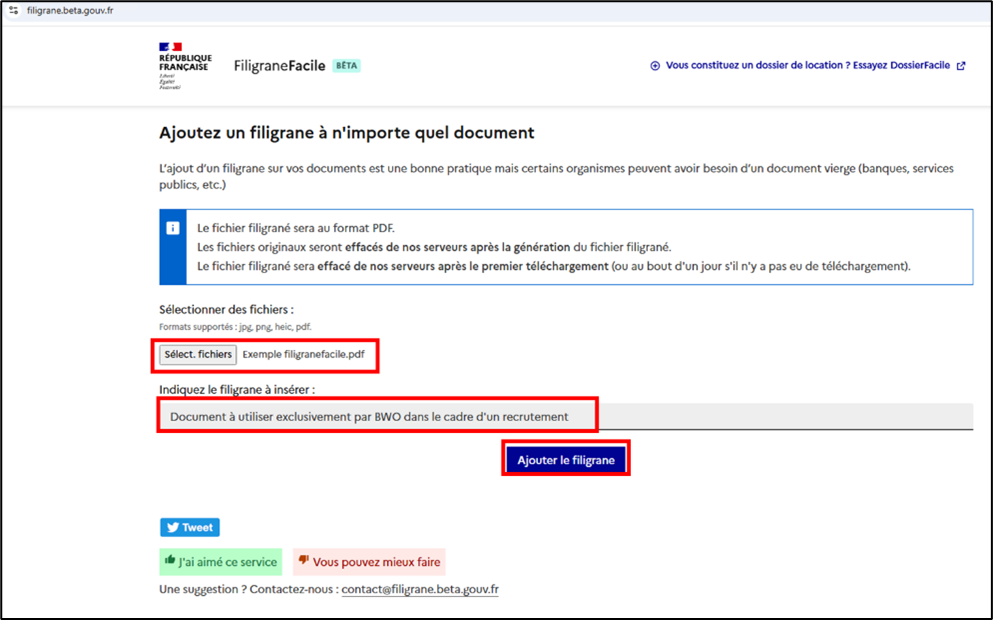 Sécuriser l'envoi de documents personnels :  utiliser à la plateforme "FiligraneFacile.fr"