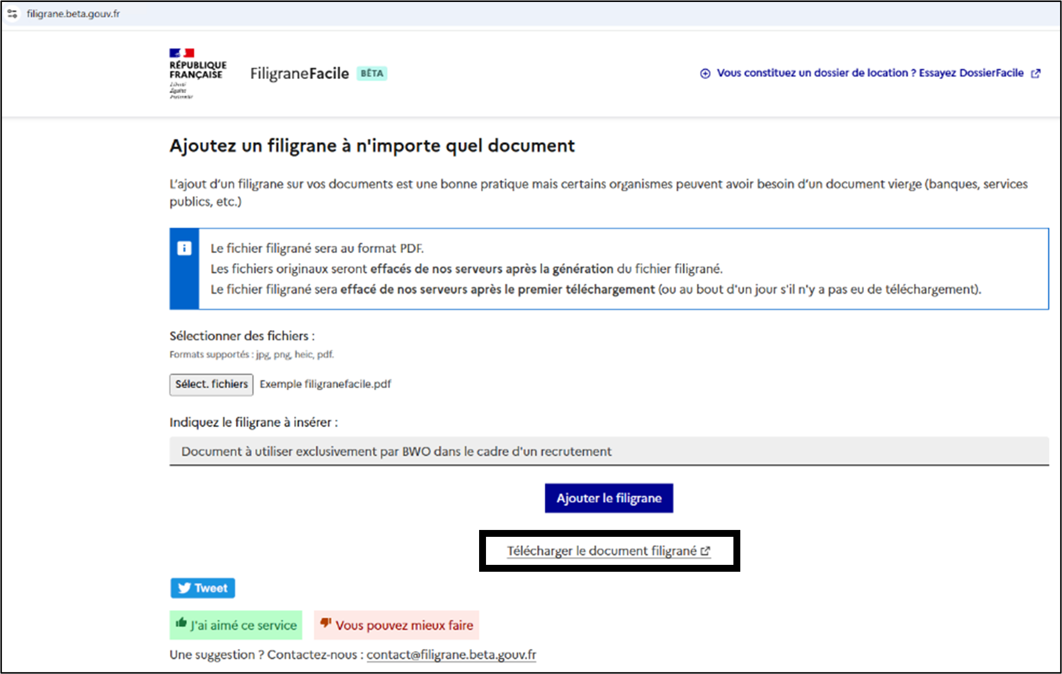 Utiliser à la plateforme "FiligraneFacile.fr"